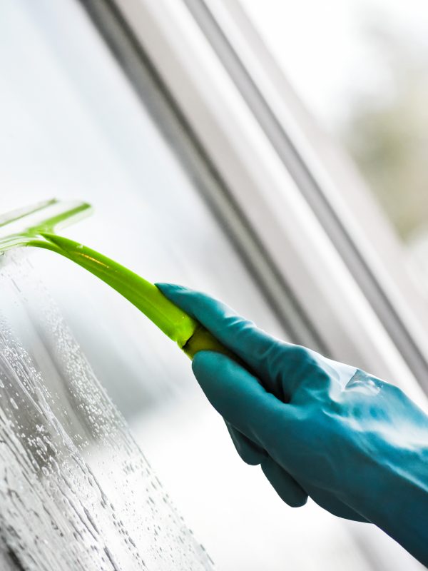 Young woman washing windows using a squeegee.